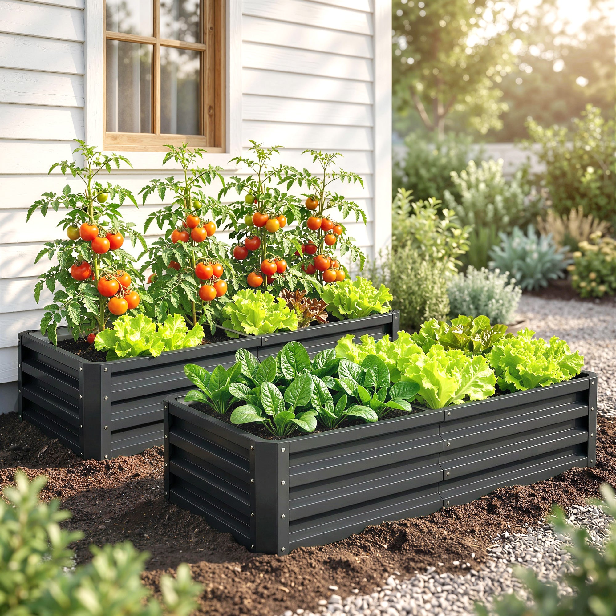 Outsunny Set of 2 Raised Beds for Garden, Galvanised Outdoor Planters for Herbs Vegetables, Use for Patio Balcony, Grey 