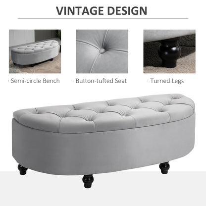 HOMCOM Semi-Circle Ottoman Storage Bench, Bed End Bench, Tufted Upholstered Window Seat Footrest Stool with Rubberwood Legs for Bedroom & Entryway, 120 x 46 x 42 cm, Light Grey 