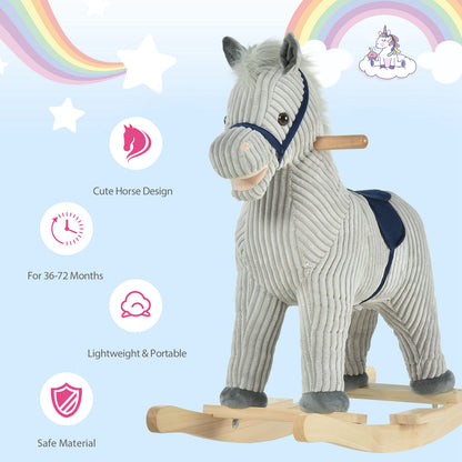 HOMCOM Kids Plush Rocking Horse w/ Sound Children Rocker Ride On Toy Gift 3-6 Years Grey 