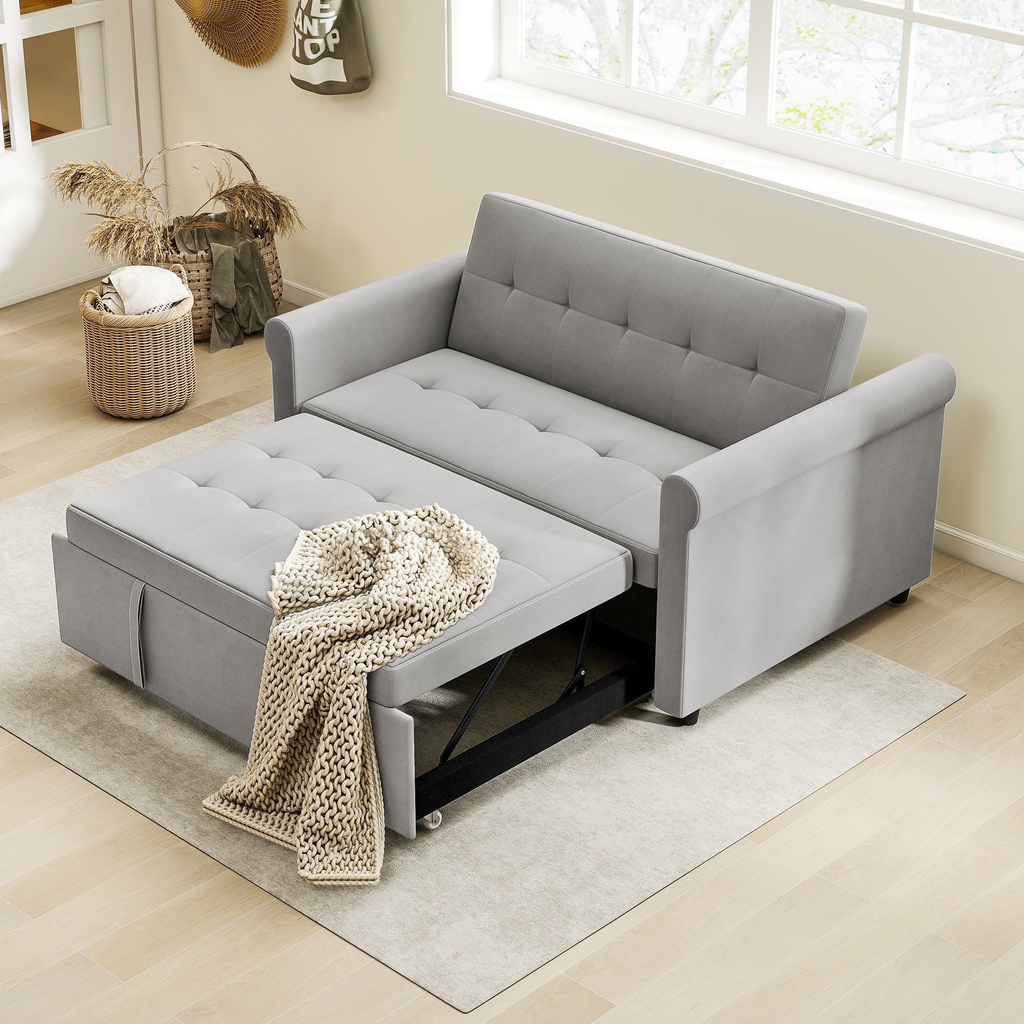 HOMCOM Two-Seater Velvet-Feel Sofa Bed - Grey