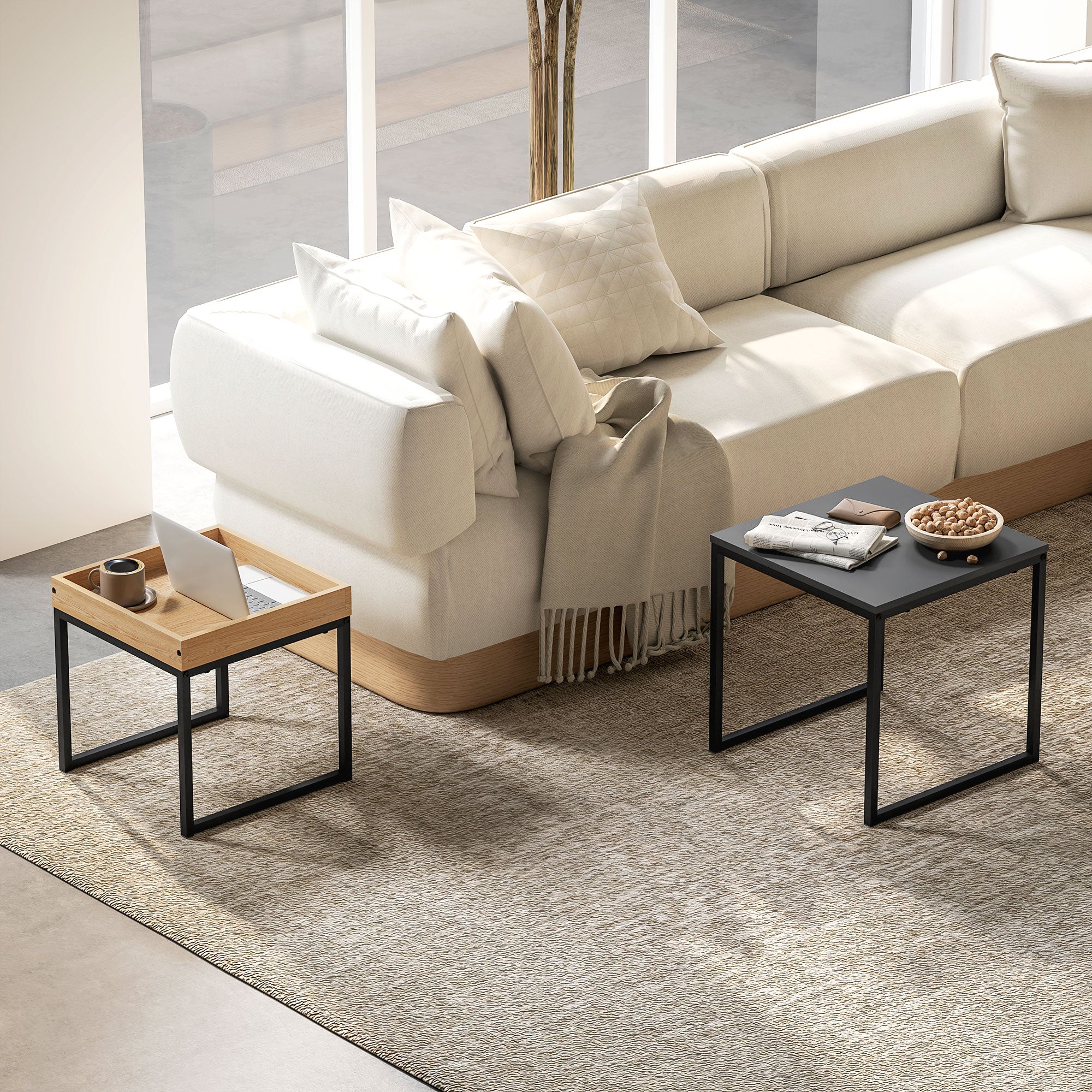 HOMCOM Set of Two Boxy Nesting Tables - Black/Wood-Effect 
