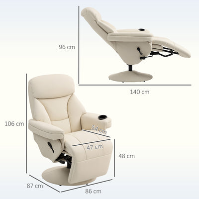 HOMCOM Manual Recliner Chair with Footrest, Upholstered Reclining Armchair with Adjustable Backrest and Cup Holder, PU Leather Swivel Chair for Living Room, Bedroom, Cream White 