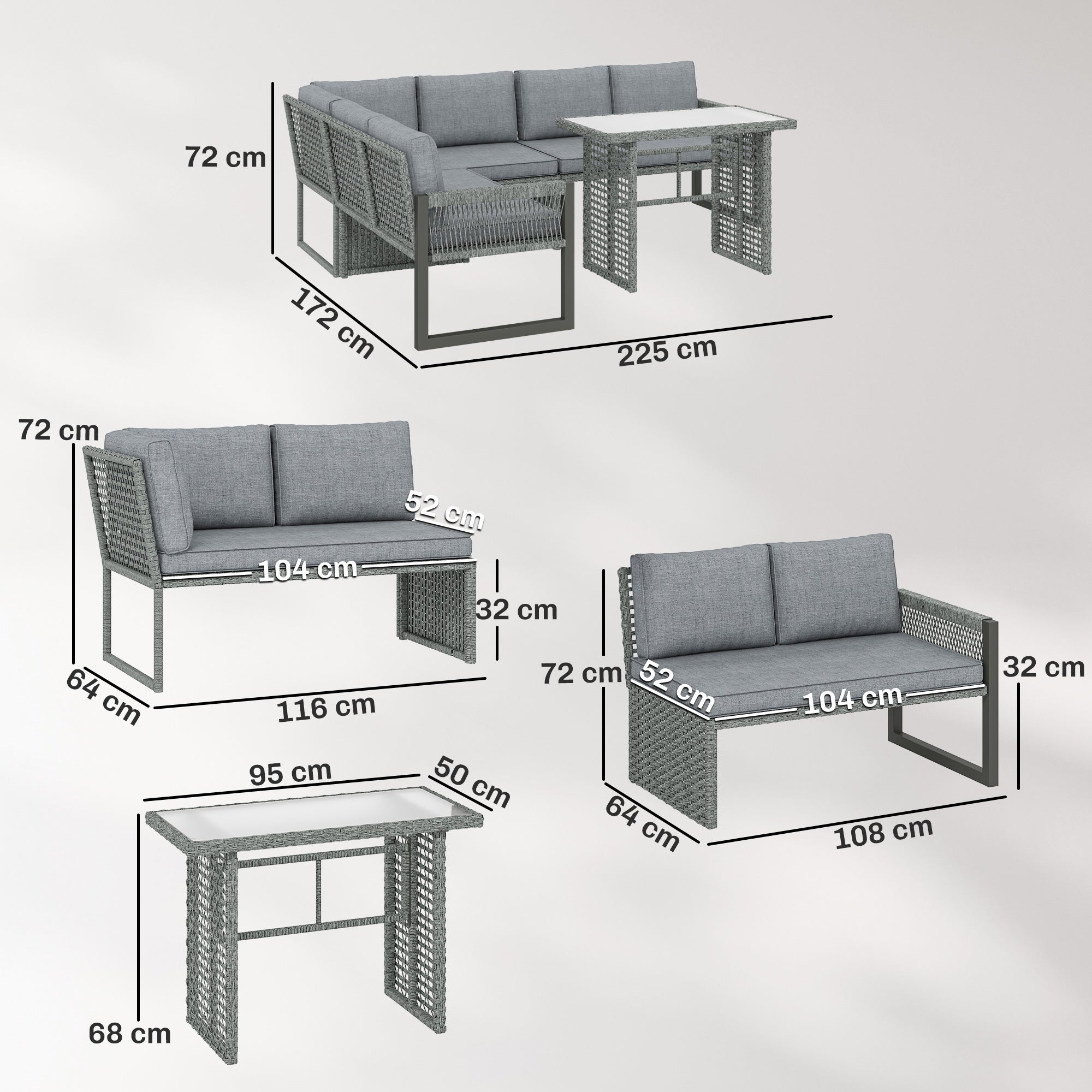 Outsunny 6 Seater Rattan Garden Furniture Set with 3 Loveseats, Table, Patio Rattan Furniture Corner Sofa Set, Grey 