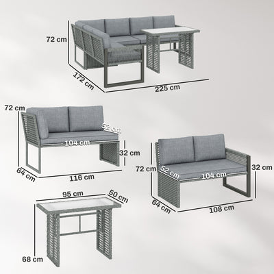 Outsunny 6 Seater Rattan Garden Furniture Set with 3 Loveseats, Table, Patio Rattan Furniture Corner Sofa Set, Grey 