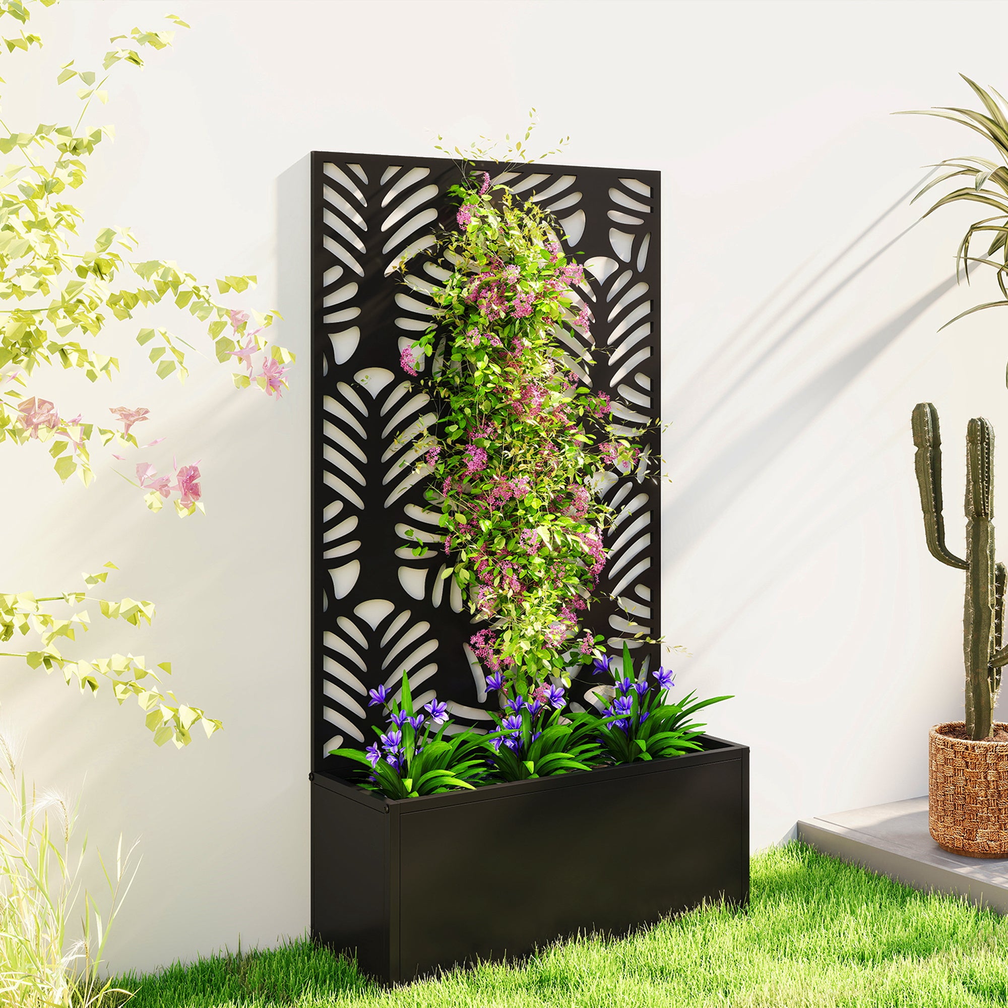Outsunny Metal Garden Bed for Garden with Trellis, Wall Mounted or Freestanding Raised Planter with Privacy Screen 