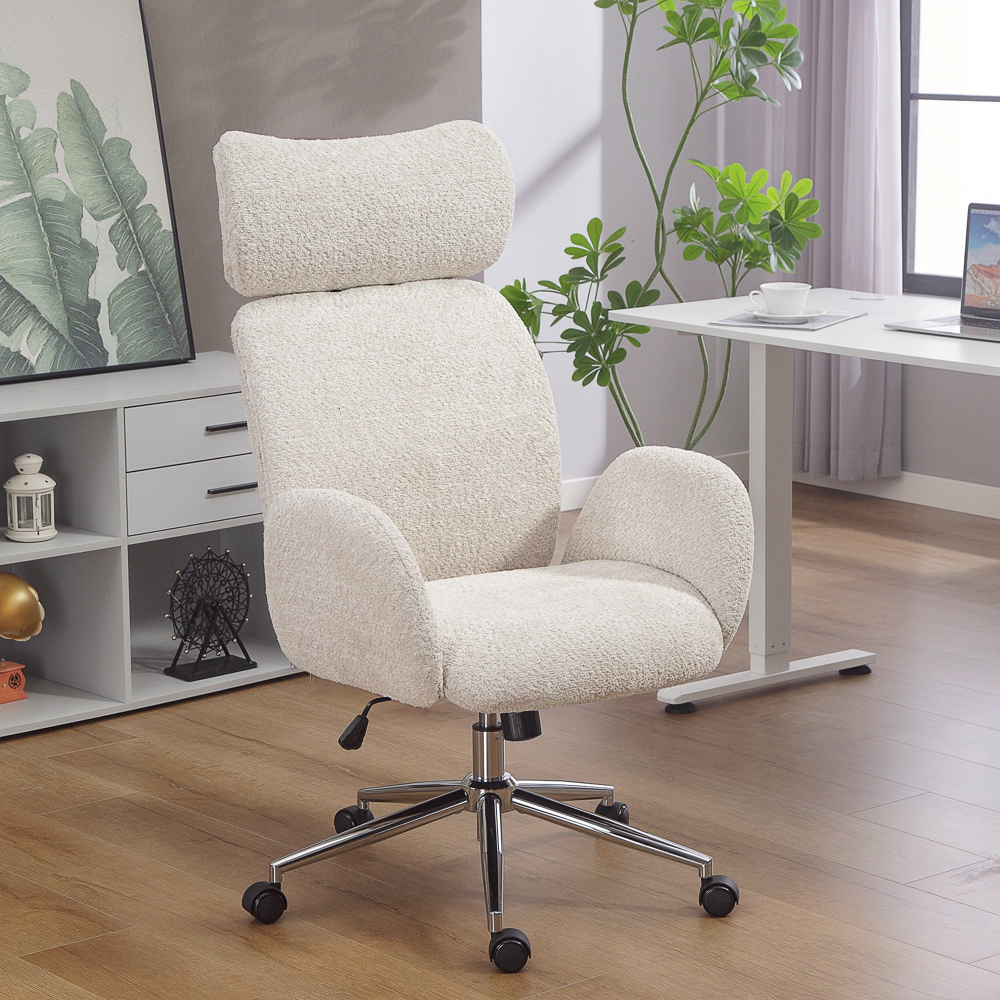 HOMCOM Office Chair with Adjustable Headrest, Spring Pack, Curved Line, Boucle Fabric - Pale Grey 