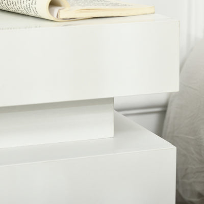 HOMCOM White Bedside Table with LED Light, High Gloss Front Nightstand with 2 Drawers, for Living Room, Bedroom 