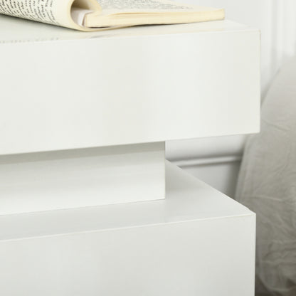 HOMCOM White Bedside Table with LED Light, High Gloss Front Nightstand with 2 Drawers, for Living Room, Bedroom 