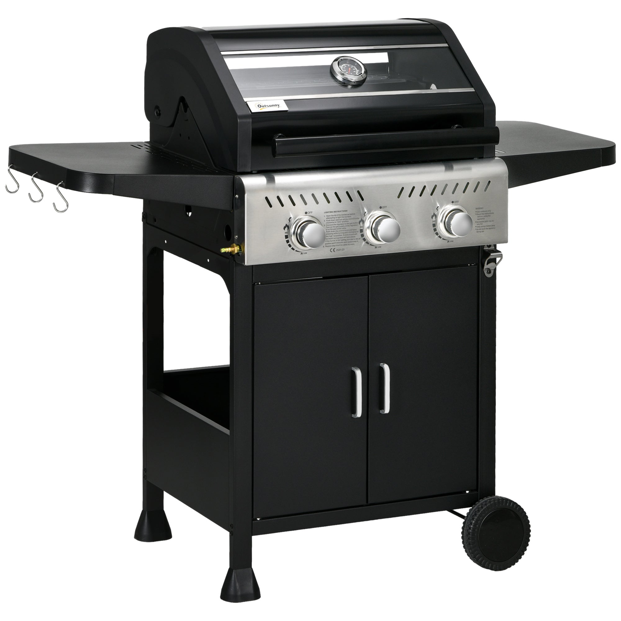 Outsunny 9kW Three-Burner Gas BBQ Grill, with See-Through Lid - Black 