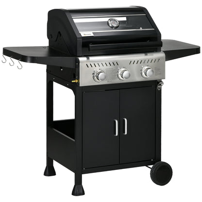 Outsunny 9kW Three-Burner Gas BBQ Grill, with See-Through Lid - Black 