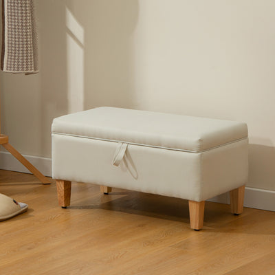 HOMCOM 30L Linen Storage Ottoman Padded Footstool with Rubberwood Legs for Storage Box, Bed End, Shoe Bench, Seating, Beige 