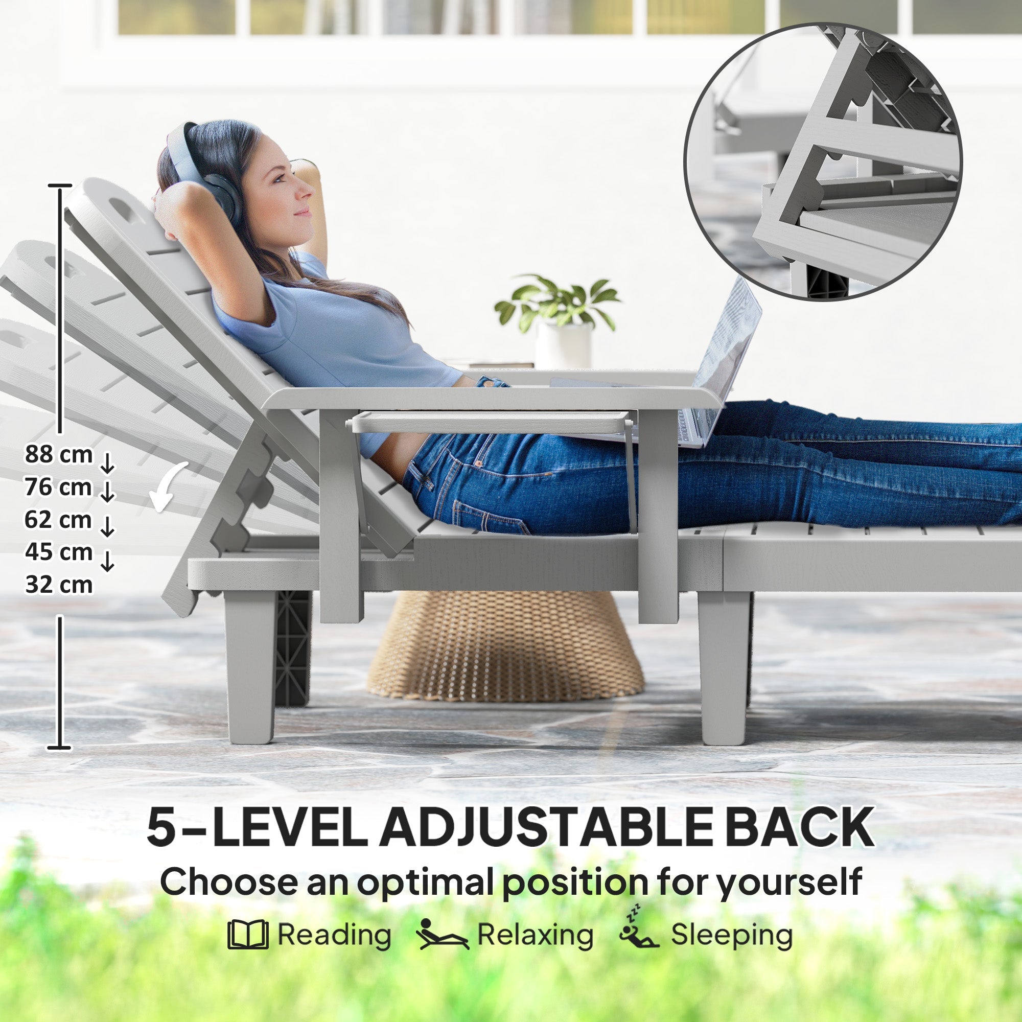Outsunny Set of 2 Resin Reclining Sun Loungers for Garden, 5 Positions Adjustable Outdoor Chaise Lounge Chairs with Wood Texture Surface, Armrests, Foldable Side Table for Garden, Beach, Light Grey 