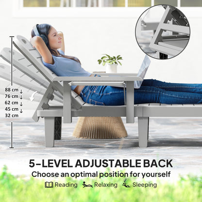 Outsunny Set of 2 Resin Reclining Sun Loungers for Garden, 5 Positions Adjustable Outdoor Chaise Lounge Chairs with Wood Texture Surface, Armrests, Foldable Side Table for Garden, Beach, Light Grey 