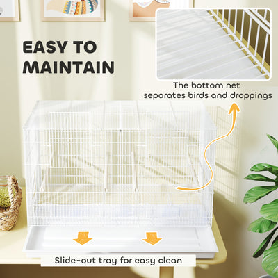 PawHut Bird Cage with Divider, 4 Wooden Perches, Slide Out Tray, 4 Feeders, for Budgie, Lovebird, Canary, 76 x 46 x 46cm, White 