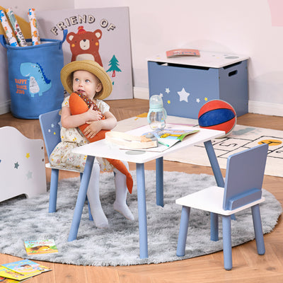 HOMCOM 3 Pcs Kids Table & Chairs Set w/ Wood Legs Safe Corners Cute Stars Seating Mini Furniture Home Playroom Bedroom Dining Room Blue 