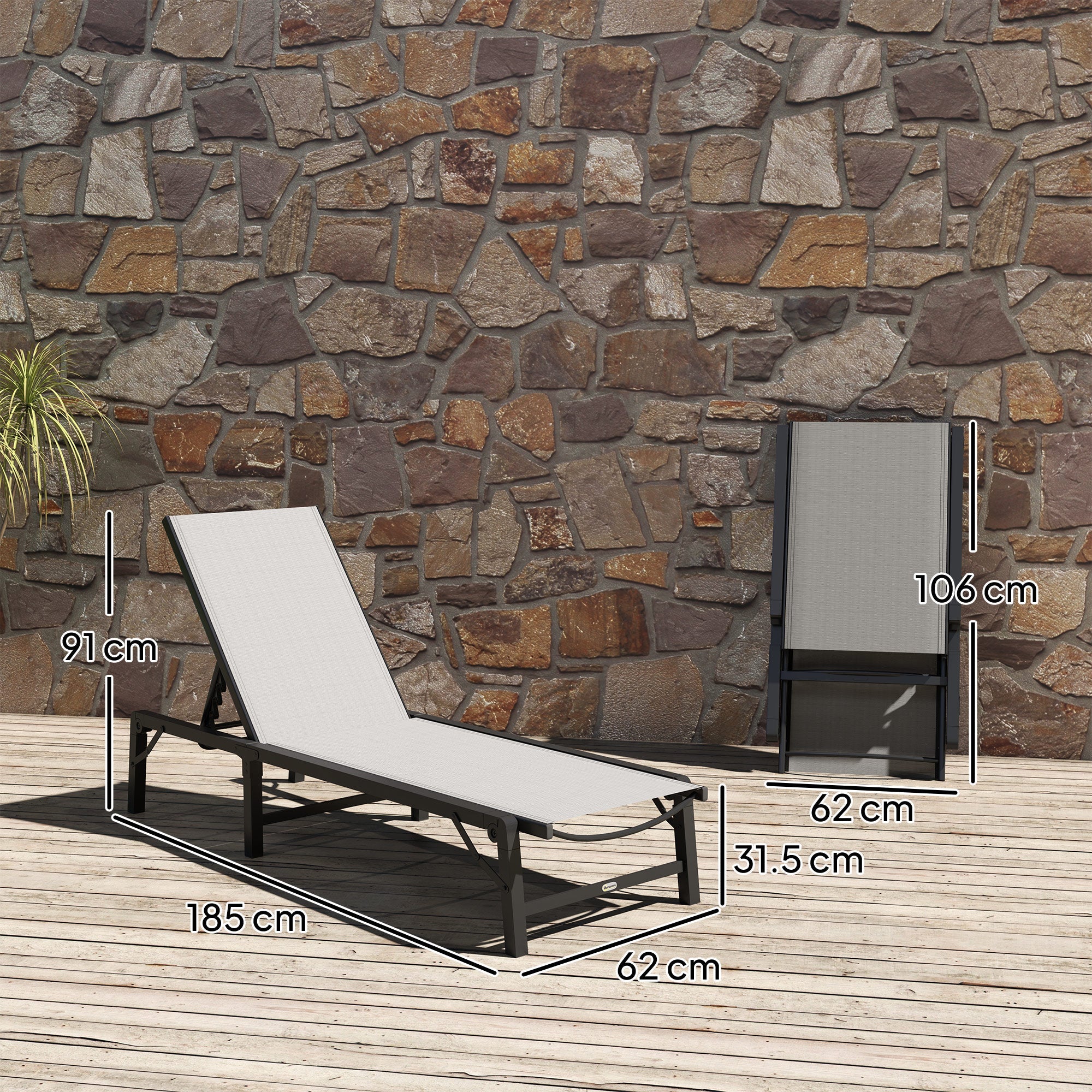 Outsunny Folding Sun Lounger, 5-Position Adjustable Garden Chaise Lounge Sunbed, Steel Frame Reclining Chair for Beach, Porch, Patio, Camping, Light Grey 