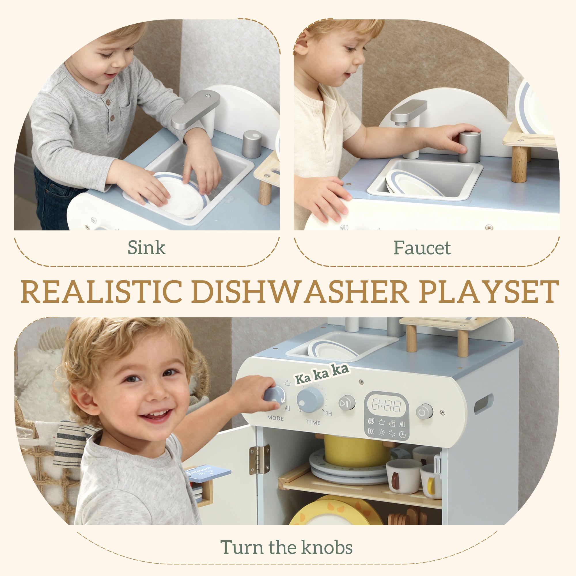 AIYAPLAY Wooden Dishwasher Playset, Kitchen Sink Toys with Faucet, Sink and Accessories, Gift for Boys Girls Toddlers 
