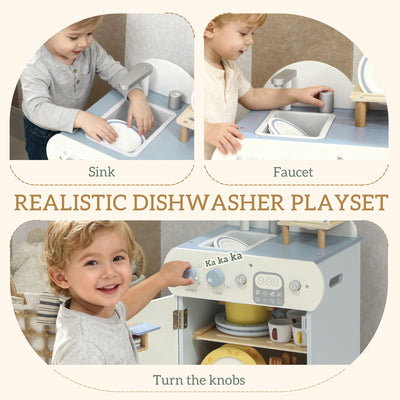AIYAPLAY Wooden Dishwasher Playset, Kitchen Sink Toys with Faucet, Sink and Accessories, Gift for Boys Girls Toddlers 