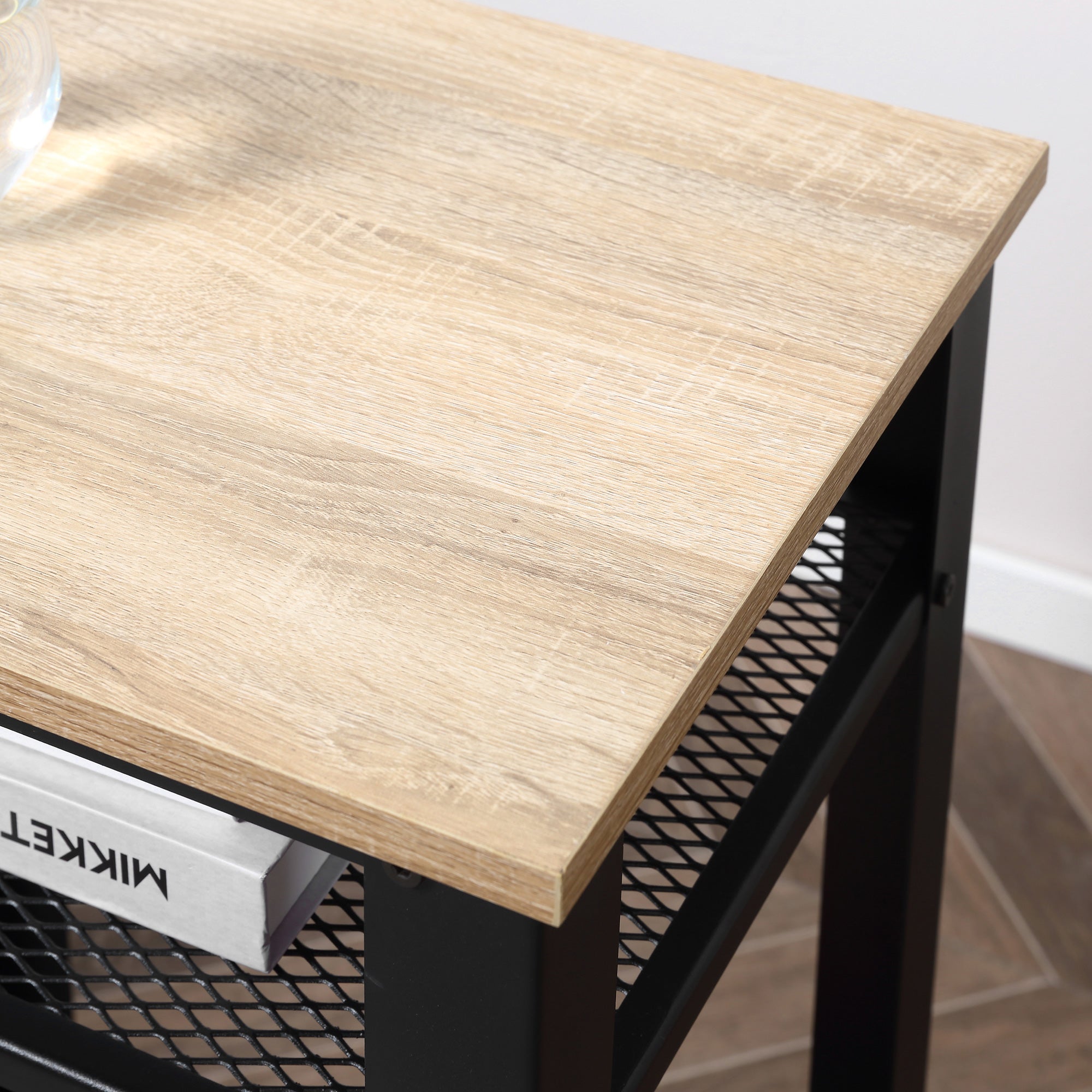 HOMCOM Tall Side Table Set of 2 with 3 Layer, 2 Shelves Storage Display Industrial-Style, Metal Frame, Bedside End Table for Living Room Bedroom, Oak and Black