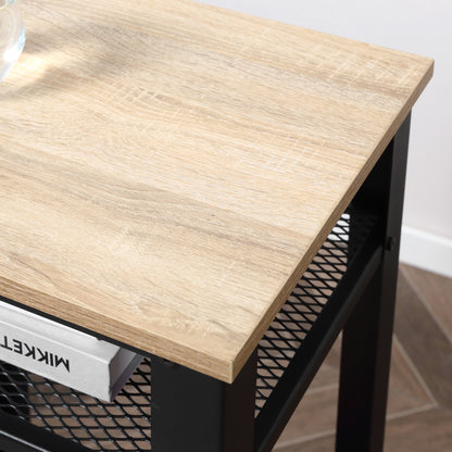 HOMCOM Tall Side Table Set of 2 with 3 Layer, 2 Shelves Storage Display Industrial-Style, Metal Frame, Bedside End Table for Living Room Bedroom, Oak and Black