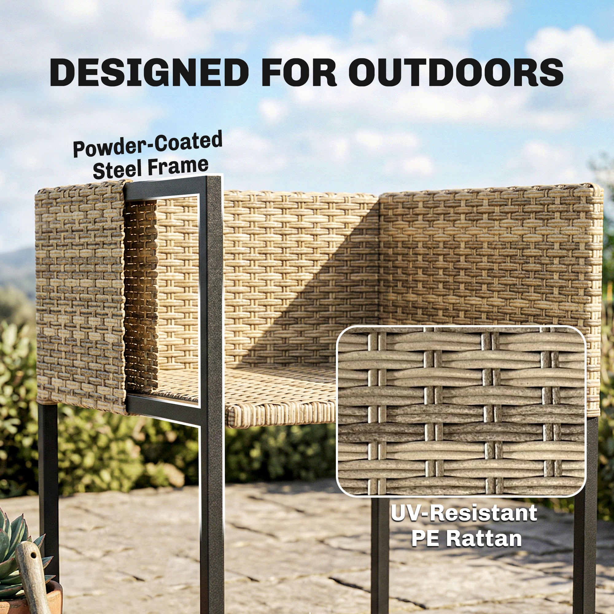 Outsunny 7 Piece Rattan Garden Furniture Set, Garden Dining Set with Wood-Plastic Table and 6 Stackable Chairs, Light Brown 