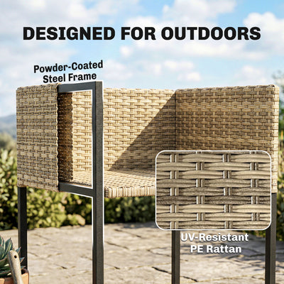 Outsunny 7 Piece Rattan Garden Furniture Set, Garden Dining Set with Wood-Plastic Table and 6 Stackable Chairs, Light Brown 