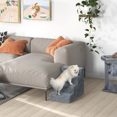 PawHut Four-Step Dog Stairs, with Washable Plush Cover, for High Bed Sofa, Dog Stairs for Small Dog and Cat - Light Grey 