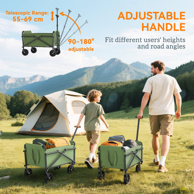 Outsunny 41L Festival Trolley on Wheels, Small Garden Folding Trolley Cart, 60kg Heavy Duty Collapsible Folding Wagon with Adjustable Handle and Carrying Bag for Beach, Camping, Festival, Green 