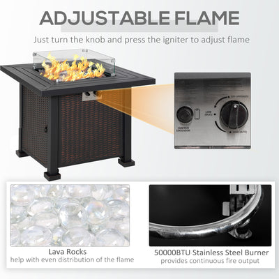 Outsunny Square Propane Gas Fire Pit Table, 50000 BTU Rattan Smokeless Firepit Patio Heater with Glass Screen, Glass Beads and Lid, 81cm x 81cm x 64cm, Black 