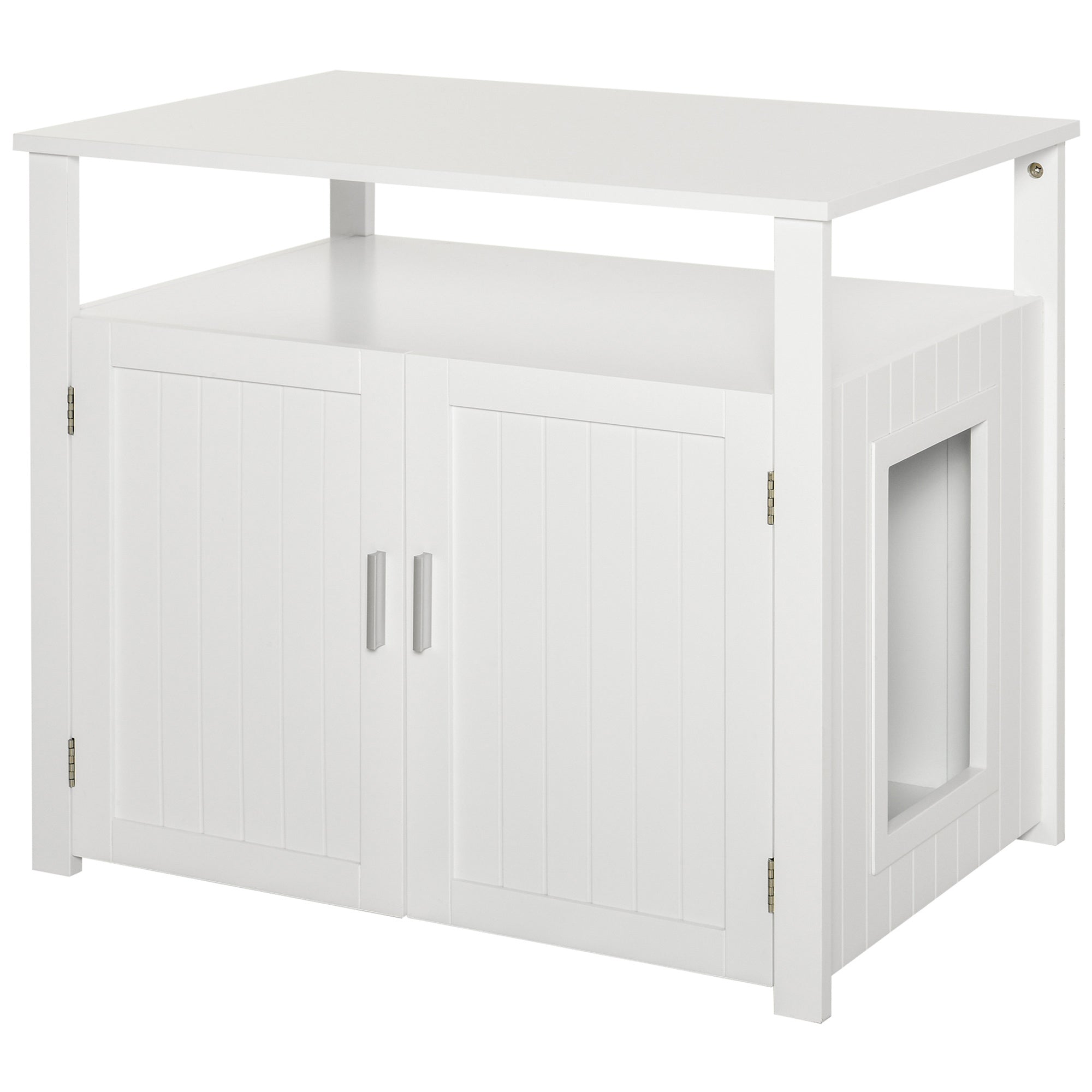 PawHut Wooden Cat Litter Box Enclosure Furniture with Adjustable Interior Wall & Large Tabletop for Nightstand, White 