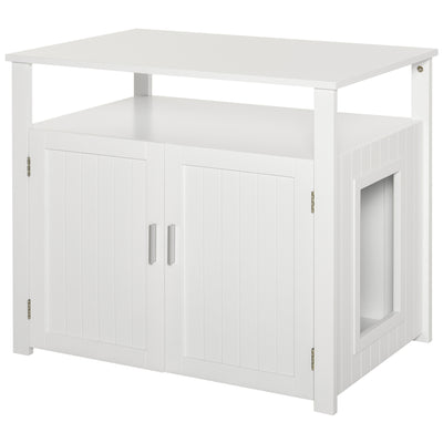 PawHut Wooden Cat Litter Box Enclosure Furniture with Adjustable Interior Wall & Large Tabletop for Nightstand, White 