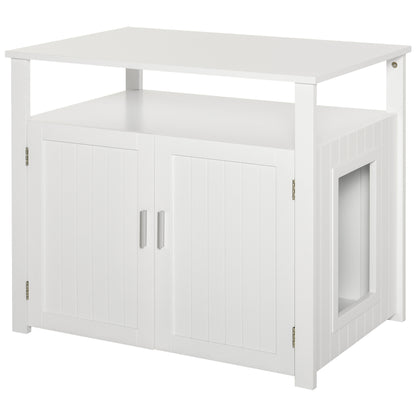 PawHut Wooden Cat Litter Box Enclosure Furniture with Adjustable Interior Wall & Large Tabletop for Nightstand, White 