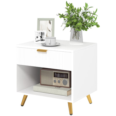 HOMCOM Elegant Bedside Table, with Drawer and Shelf - White/Gold Tone 