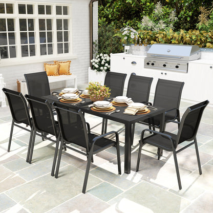 Outsunny 8 Seater Garden Dining Set with Stacking Chairs, Rectangular Tempered Glass Top, Garden Furniture Set, Outdoor Dining Table and Chairs for Patio, Balcony, Poolside, Black 