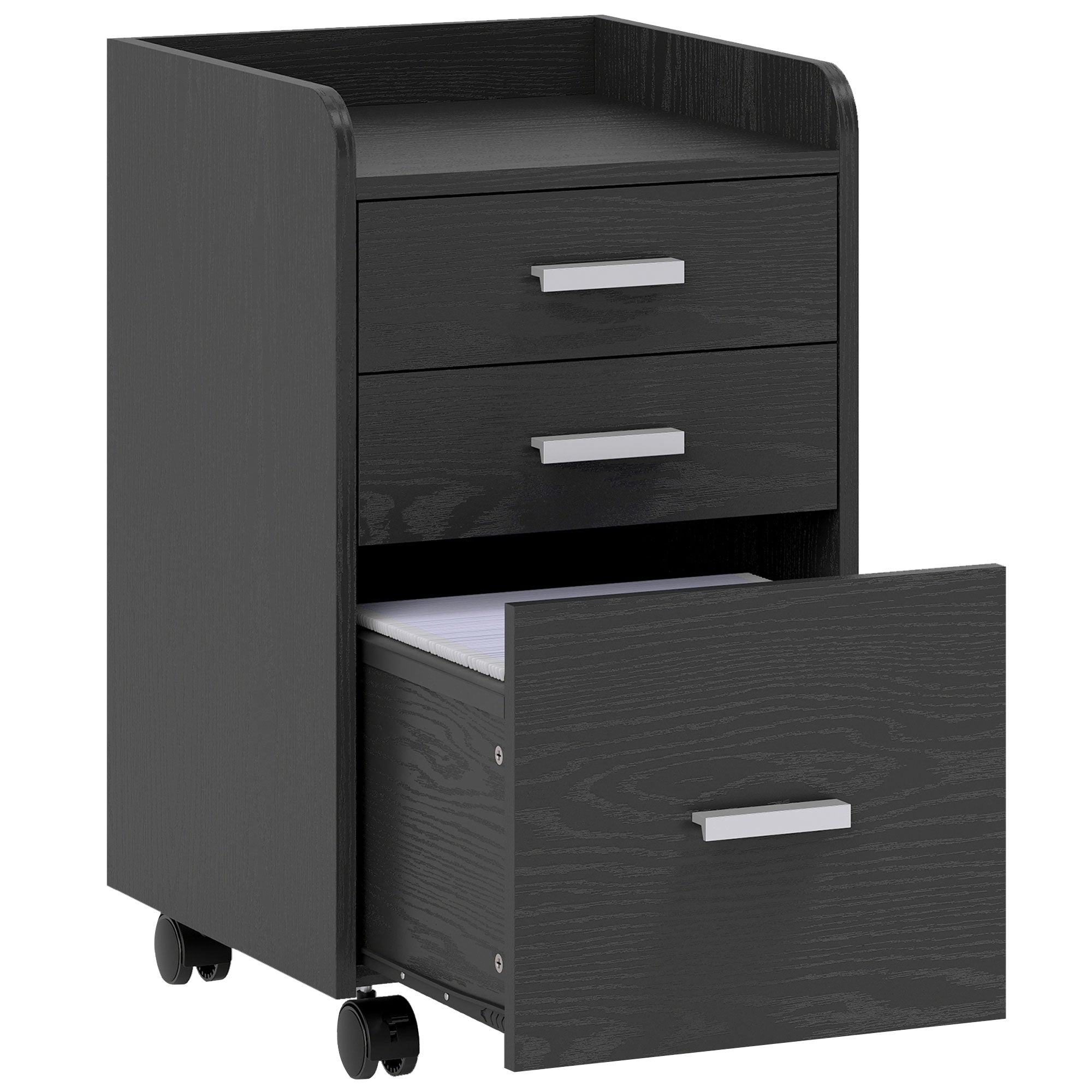 HOMCOM 3 Drawer Filing Cabinet, Rolling File Cabinet with Edged Top for Letter, A4 Size, Hanging File Folders, Black 