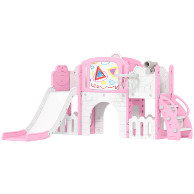 AIYAPLAY 7 in 1 Toddler Slide Set with Basketball Hoop, Climbing Frame, Telescope, Drawing Board, Storage Box, Pink 