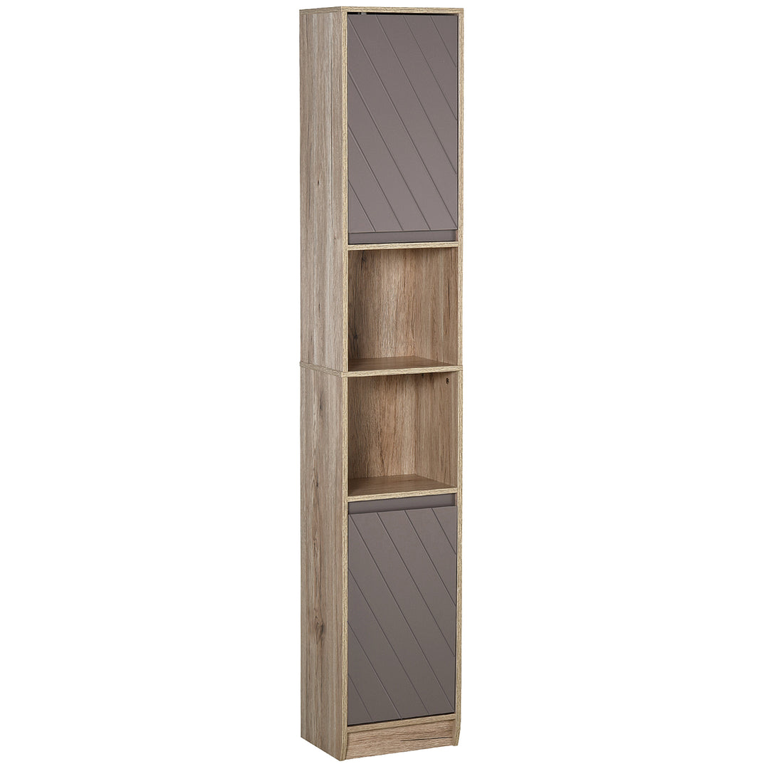 HOMCOM Freestanding Bathroom Storage Cabinet w/ 2 Cupboards 2 Compartments Home Organisation Anti-Tipping Elevated Base 30L x 24W x 170H cm Grey&Brown 
