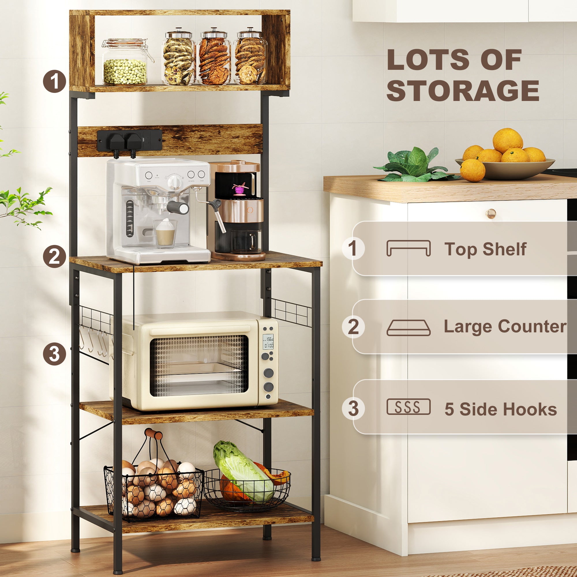 HOMCOM Kitchen Storage Rack, Bakers Rack with Power Outlet, USB Charger, Rustic Brown 