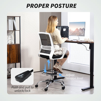HOMCOM Draughtsman Chair, Mesh Drafting Chair, Ergonomic Office Chair with Lumbar Support, Adjustable Foot Ring, Black 