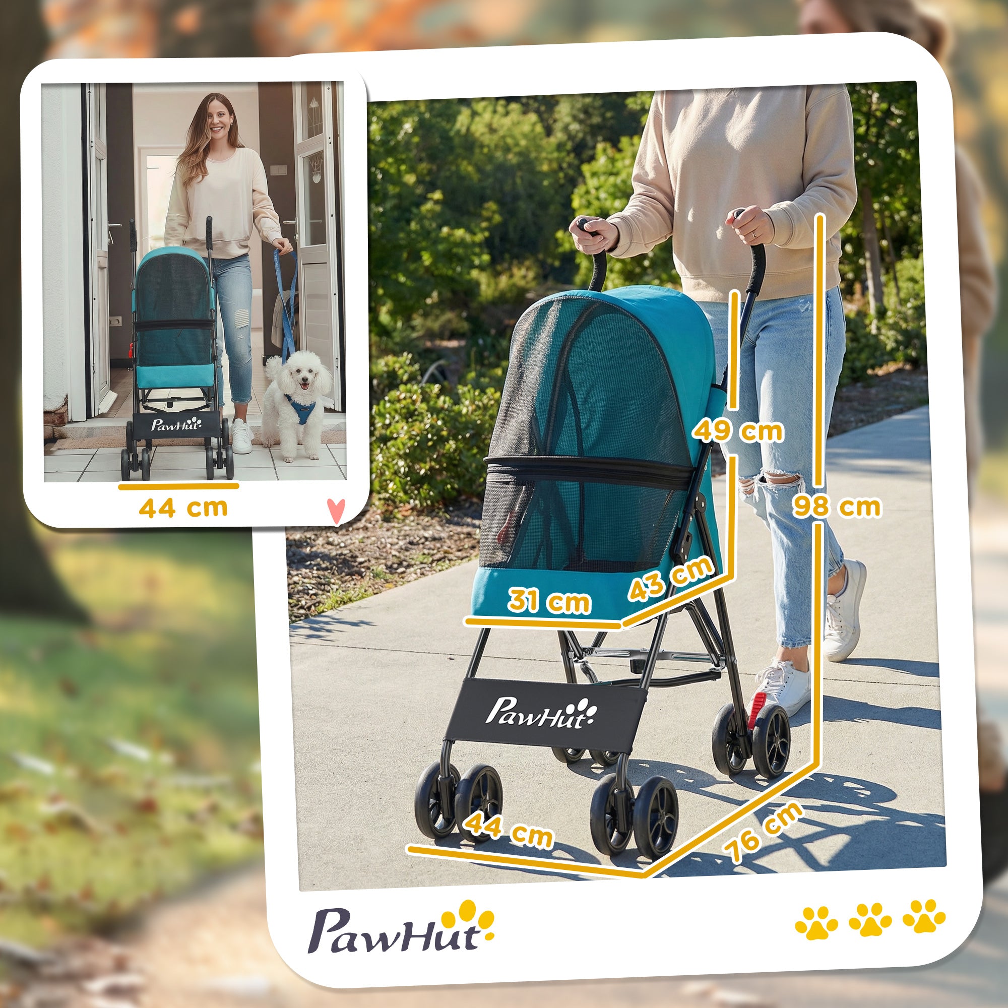 PawHut Dog Stroller, Foldable Cat Dog Pram for Miniature Breeds, Pet Stroller with Brake, Mesh Windows, Dark Green 