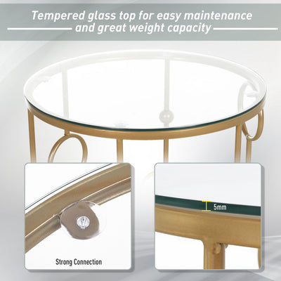 HOMCOM Round Coffee Tables Set of 2, Gold Nesting Side End Tables with Tempered Glass Top, Steel Frame for Living Room, Gold 