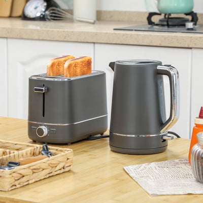 HOMCOM Kettle and Toaster Set, 1.7L 3000W Fast Boil Kettle & 2 Slice Toaster Kitchen Set with 6 Level Browning Controls, Defrost, Reheat, Grey 