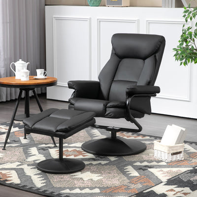 HOMCOM Swivel Recliner Chair with Footstool, PU Leather Recliner Armchair with Ottoman, Steel Base, Upholstered Reclining Chair for Living Room, Bedroom, Office, Black 