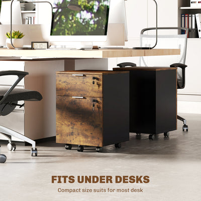 HOMCOM Two-Drawer Lockable Filing Cabinet - Black and Rustic Brown 
