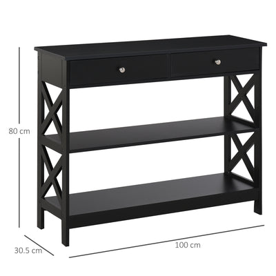 HOMCOM Console Table Side Desk w/ Shelves Drawers Open Top X Support Frame Living Room Hallway Home Office Furniture Black 