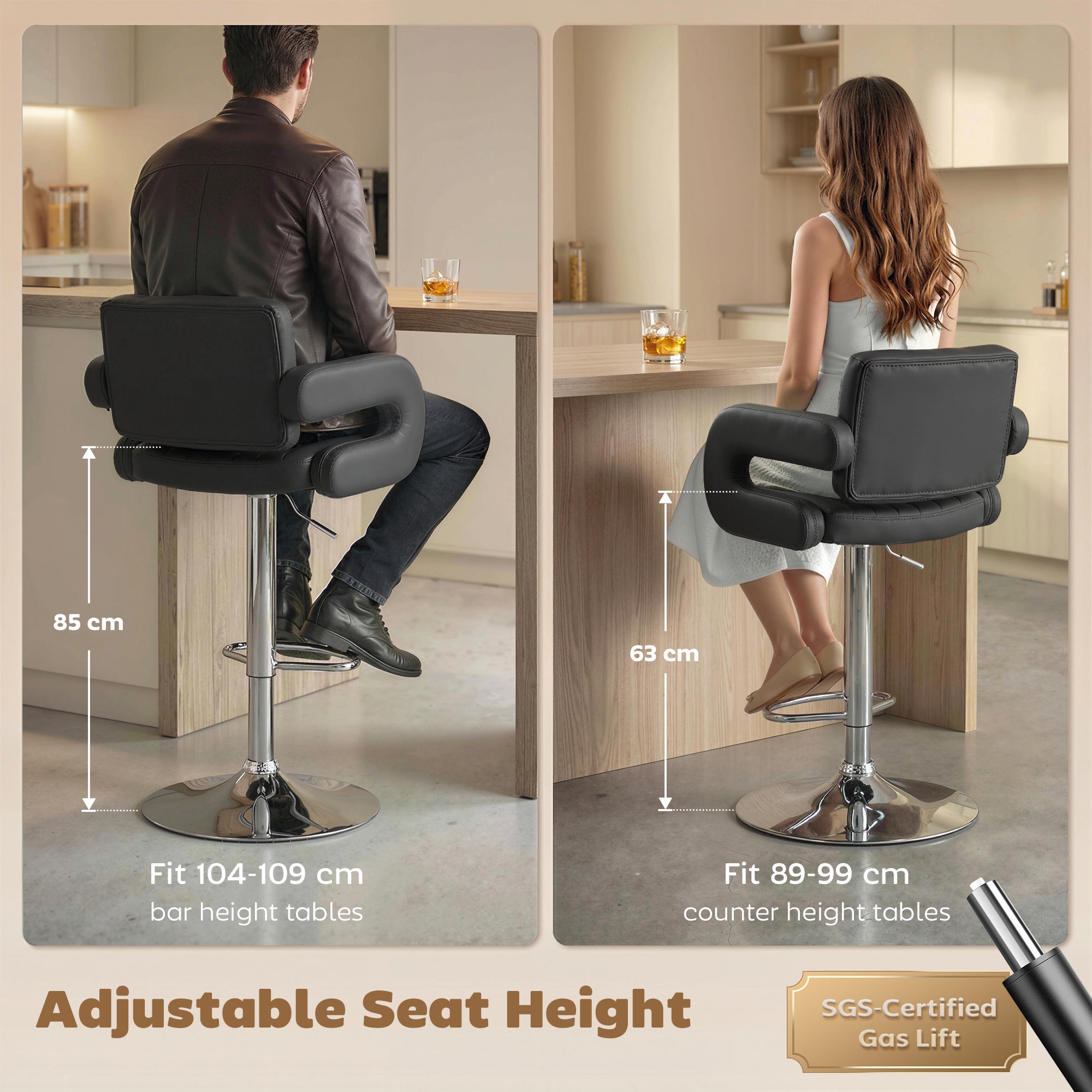 HOMCOM Bar Stools Adjustable Swivel Kitchen Chairs with Backrest Armrest Set of 2 PU Leather Black 