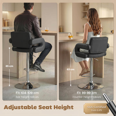HOMCOM Bar Stools Adjustable Swivel Kitchen Chairs with Backrest Armrest Set of 2 PU Leather Black 