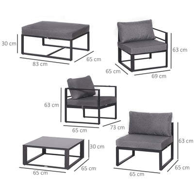 Outsunny 6 PCs Outdoor Indoor Sectional Sofa Set Thick Padded Cushions Aluminium Frame 5 Seaters 1 Coffee Table Footrest Grey 