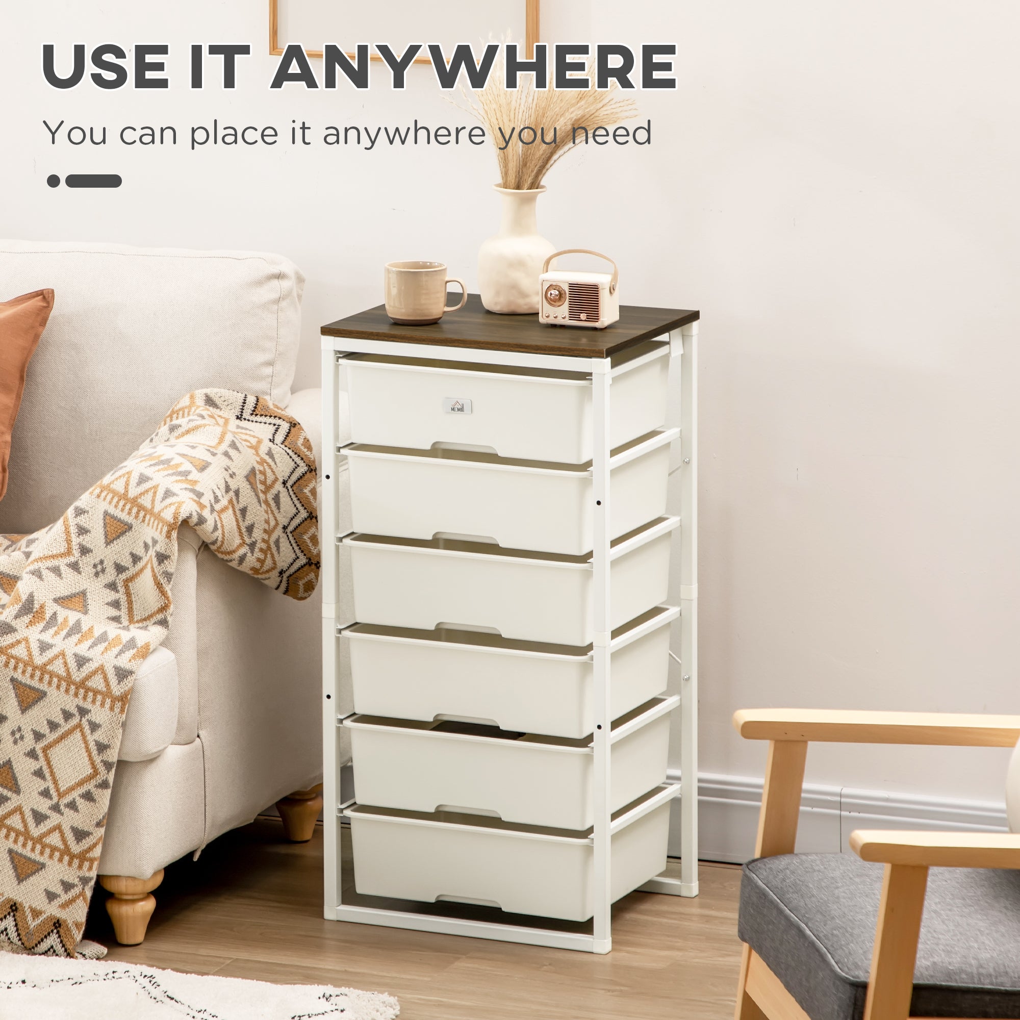 HOMCOM Bedroom Chest of Drawers, 6-Drawer Dresser, Tall Storage Drawer Unit with Steel Frame for Living Room, White 