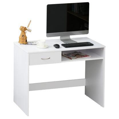 HOMCOM Compact Computer Desk, Study Table with Drawer and Storage Compartment, Writing Workstation, White 